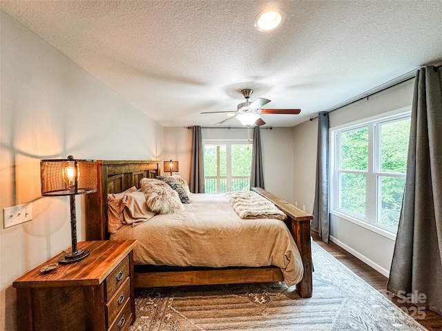 171 View Ridge Parkway, Leicester, NC 28748 - bedroom featuring multiple windows, dark wood finished floors, baseboards, a textured ceiling, and ceiling fan