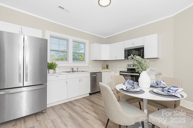 210 E 5th Ave, Gastonia, NC 28054 - kitchen featuring stainless steel appliances, a sink, ornamental molding, light wood-style flooring, and white cabinetry