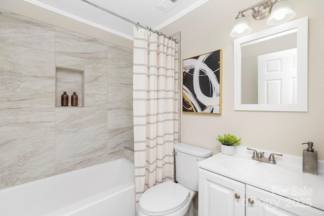 210 E 5th Ave, Gastonia, NC 28054 - bathroom with crown molding, vanity, shower / bath combo, and toilet