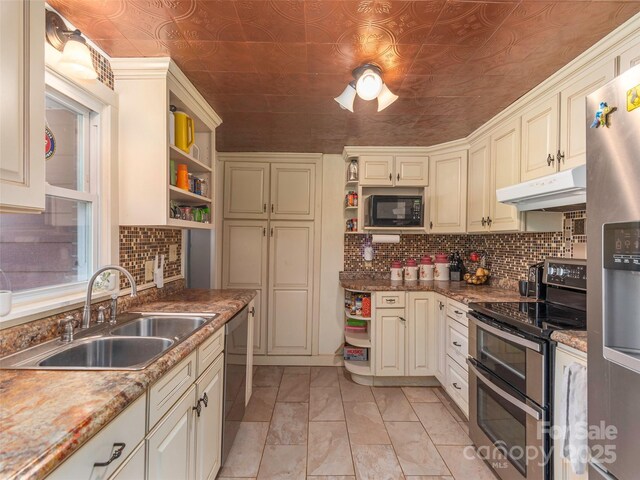 78 Hardin Ln, Clyde, NC 28721 - kitchen featuring appliances with stainless steel finishes, open shelves, under cabinet range hood, a sink, and an ornate ceiling