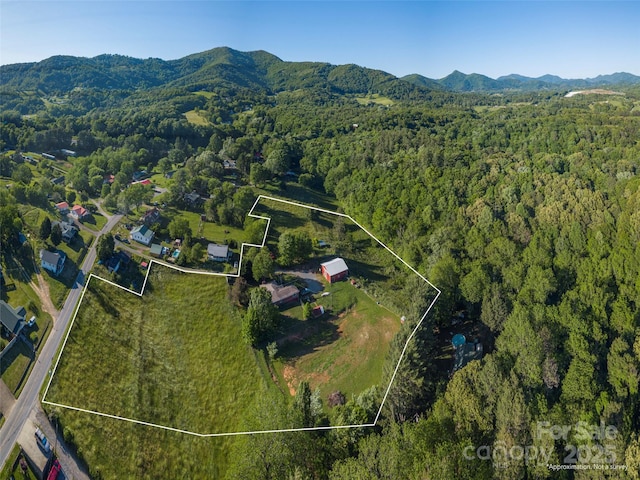 78 Hardin Ln, Clyde, NC 28721 - aerial view of property and surrounding area with a forest, a mountainous background, and property parcel outlined