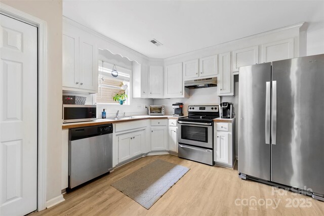 122 Pratt St, Belmont, NC 28012 - kitchen with appliances with stainless steel finishes, under cabinet range hood, light wood-type flooring, and white cabinets