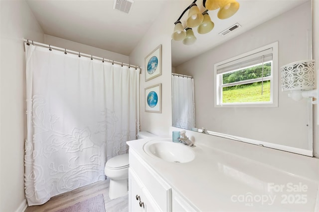 122 Pratt St, Belmont, NC 28012 - bathroom featuring toilet, vanity, wood finished floors, and a shower with shower curtain