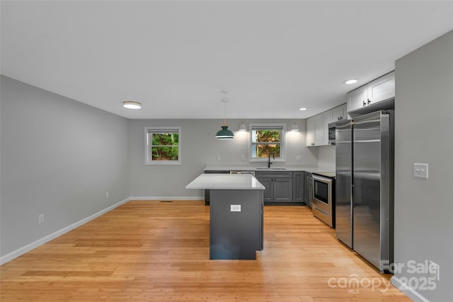 28 Reynolds School Rd, Asheville, NC 28803 - kitchen featuring stainless steel appliances, a sink, light countertops, baseboards, and hanging light fixtures