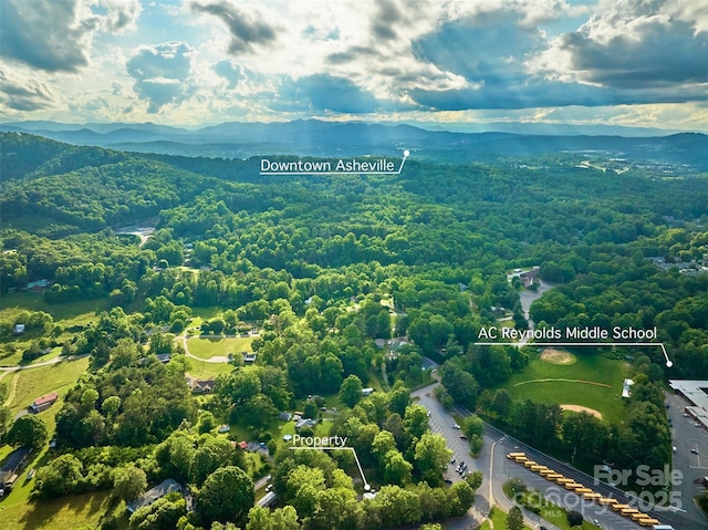 28 Reynolds School Rd, Asheville, NC 28803 - aerial view of property and surrounding area with a mountainous background and property boundaries highlighted