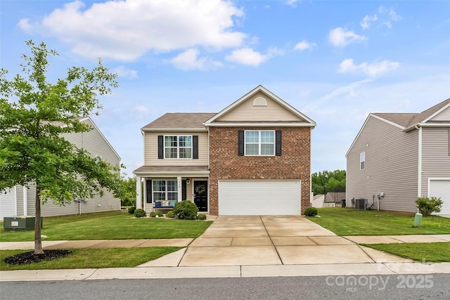 515 Benford Ln, Stanley, NC 28164 - traditional home featuring central AC unit, a garage, a front lawn, and concrete driveway