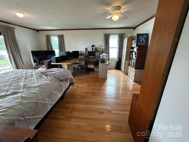 4574 Ivy Run Ln, Denver, NC 28037 - bedroom with ornamental molding, a textured ceiling, light wood-style floors, and an office area