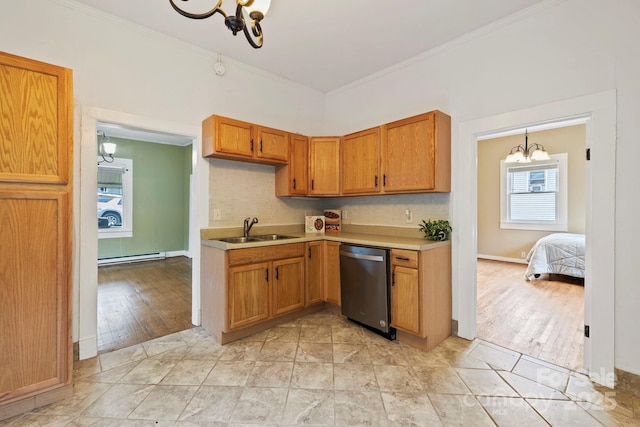 61 First St, Marion, NC 28752 - kitchen with stainless steel dishwasher, a chandelier, a sink, crown molding, and a baseboard radiator