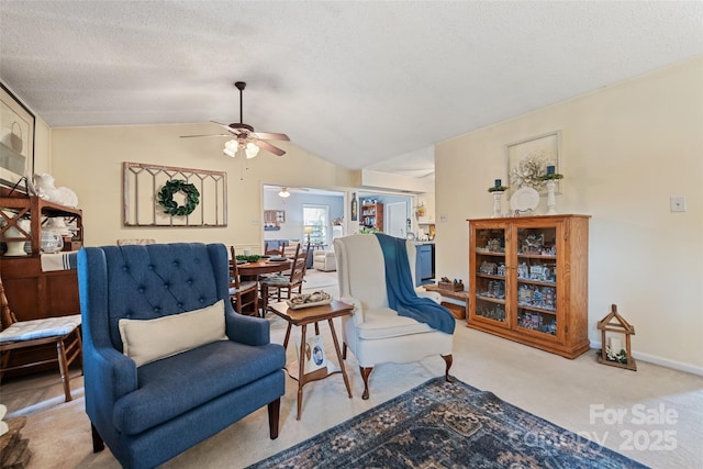 16 Fieldstone Ct, Arden, NC 28704 - living area with a ceiling fan, carpet flooring, vaulted ceiling, and a textured ceiling