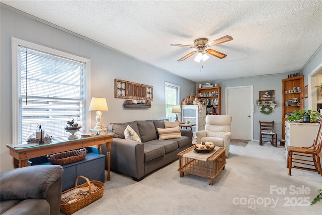 16 Fieldstone Ct, Arden, NC 28704 - living area with ceiling fan, light carpet, and a textured ceiling