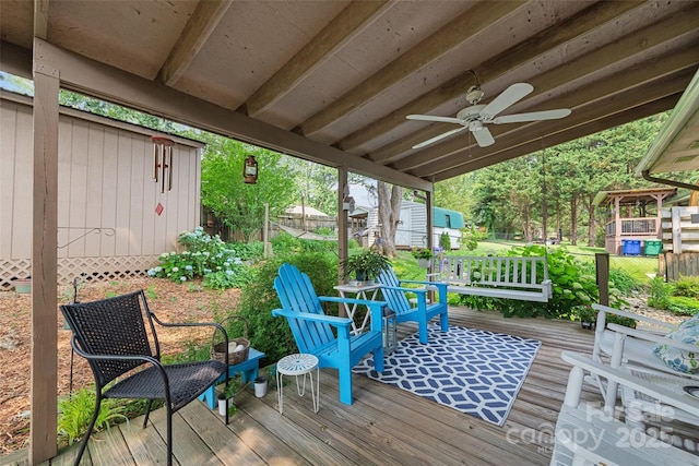 16 Fieldstone Ct, Arden, NC 28704 - deck with a storage shed and a ceiling fan