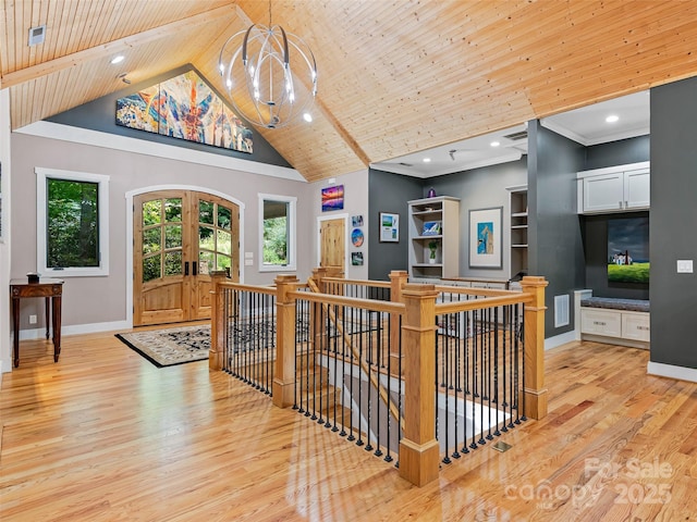 105 Blackberry Ln, Fairview, NC 28730 - staircase with wood finished floors, a chandelier, baseboards, wooden ceiling, and high vaulted ceiling