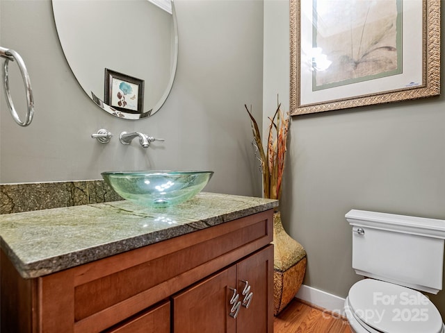 105 Blackberry Ln, Fairview, NC 28730 - half bathroom featuring vanity, toilet, wood finished floors, and baseboards