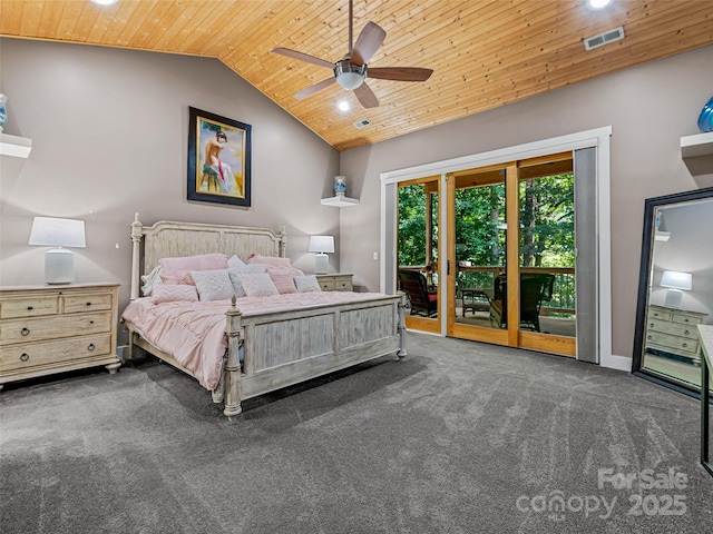 105 Blackberry Ln, Fairview, NC 28730 - carpeted bedroom featuring access to exterior, wood ceiling, vaulted ceiling, recessed lighting, and a ceiling fan
