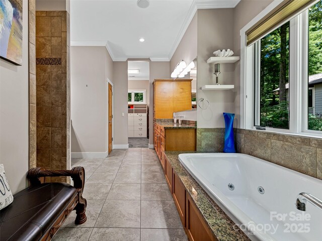 105 Blackberry Ln, Fairview, NC 28730 - full bath with a tub with jets, ornamental molding, vanity, tile patterned floors, and baseboards