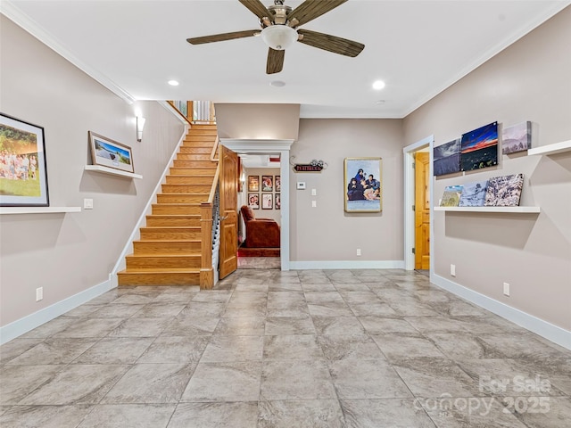 105 Blackberry Ln, Fairview, NC 28730 - foyer entrance with baseboards, crown molding, stairs, ceiling fan, and recessed lighting