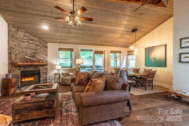 45 Boulder Creek Ln Unit 28, Tuckasegee, NC 28783 - living area featuring wood ceiling, wood finished floors, a ceiling fan, high vaulted ceiling, and baseboards