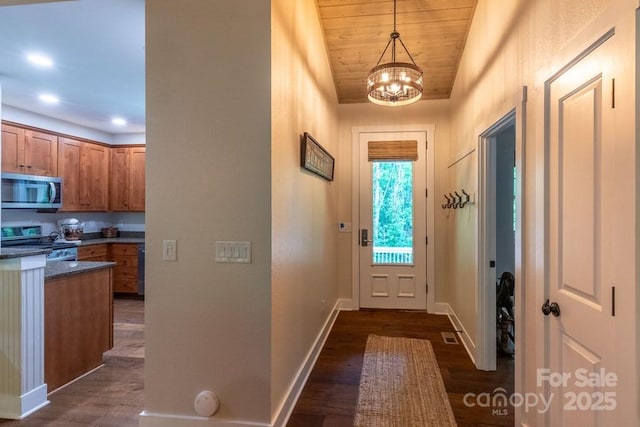 45 Boulder Creek Ln Unit 28, Tuckasegee, NC 28783 - doorway with a chandelier, dark wood-style floors, wood ceiling, baseboards, and recessed lighting