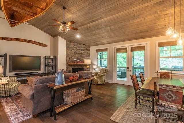 45 Boulder Creek Ln Unit 28, Tuckasegee, NC 28783 - living area with vaulted ceiling, wooden ceiling, ceiling fan, wood finished floors, and a fireplace