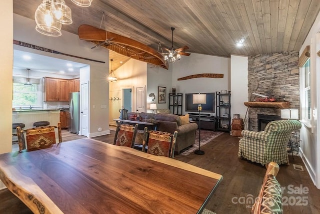45 Boulder Creek Ln Unit 28, Tuckasegee, NC 28783 - dining room with a ceiling fan, dark wood-type flooring, wood ceiling, a stone fireplace, and lofted ceiling