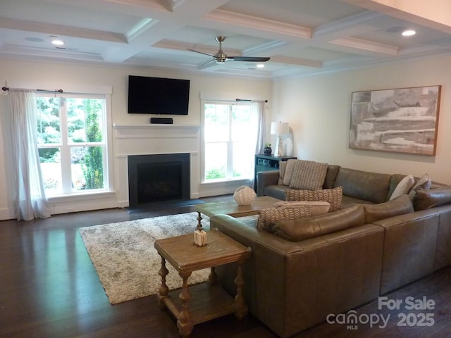 1311 Stonecroft Ln NW, Concord, NC 28027 - living area with coffered ceiling, beam ceiling, ceiling fan, a fireplace with flush hearth, and crown molding
