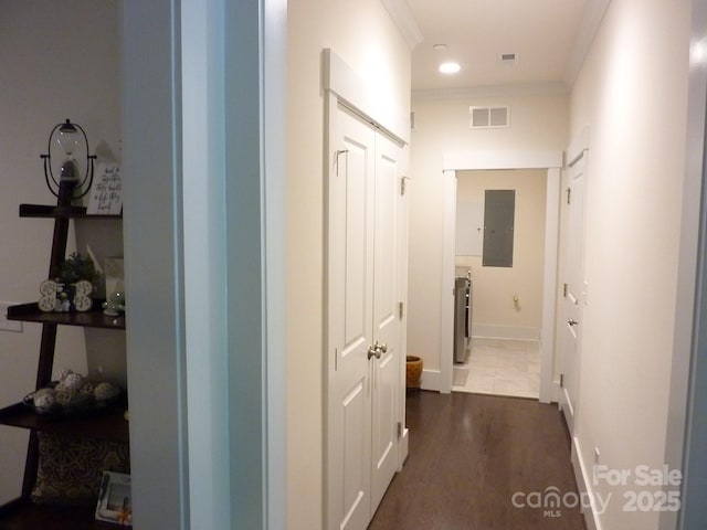 1311 Stonecroft Ln NW, Concord, NC 28027 - hallway with electric panel, ornamental molding, dark wood-style flooring, baseboards, and recessed lighting