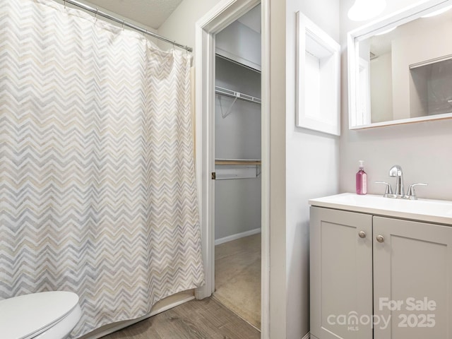 8208 Cedar Glen Dr, Charlotte, NC 28212 - full bathroom featuring wood finished floors, vanity, toilet, a spacious closet, and a shower with shower curtain