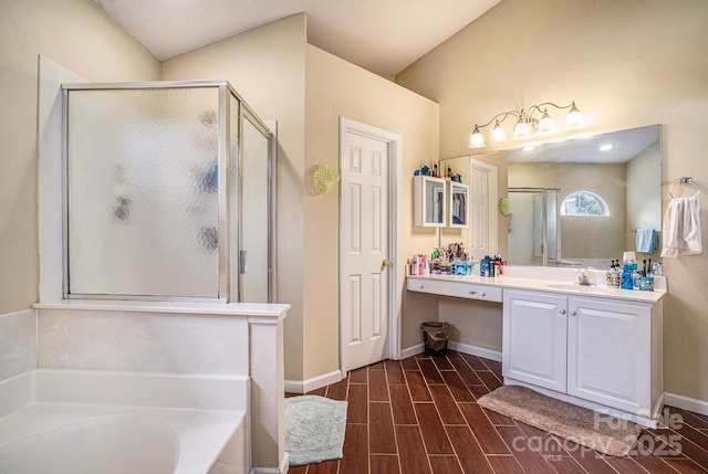 203 Alyssum Ct, Myrtle Beach, SC 29579 - full bath with a shower stall, wood finish floors, a bath, vanity, and baseboards