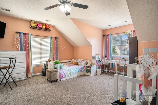 203 Alyssum Ct, Myrtle Beach, SC 29579 - carpeted bedroom featuring a textured ceiling, lofted ceiling, ceiling fan, and baseboards