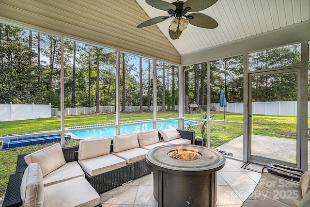 203 Alyssum Ct, Myrtle Beach, SC 29579 - sunroom / solarium with vaulted ceiling, ceiling fan, an outdoor living space with a fire pit, and plenty of natural light