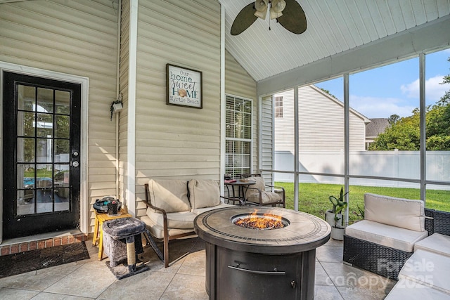 203 Alyssum Ct, Myrtle Beach, SC 29579 - sunroom / solarium with ceiling fan, vaulted ceiling, plenty of natural light, and an outdoor living space with a fire pit