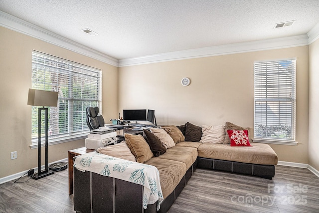 203 Alyssum Ct, Myrtle Beach, SC 29579 - living room featuring ornamental molding, wood finished floors, a textured ceiling, and baseboards