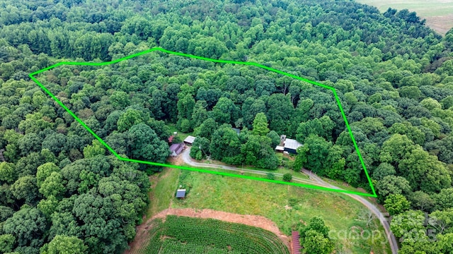 2951 Evergreen Trl, Vale, NC 28168 - overview of rural landscape with a heavily wooded area and property boundaries highlighted
