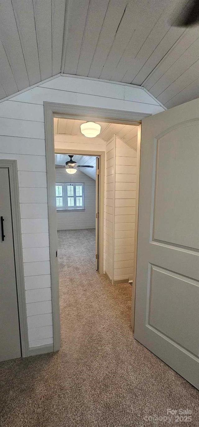 804 N Main St, Oakboro, NC 28129 - corridor with lofted ceiling, carpet floors, wood walls, and wood ceiling