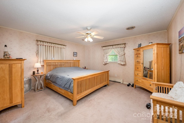 1410 Patterson St, China Grove, NC 28023 - bedroom featuring light colored carpet, ornamental molding, a baseboard heating unit, a textured ceiling, and wallpapered walls