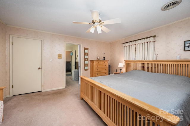 1410 Patterson St, China Grove, NC 28023 - carpeted bedroom with crown molding, a ceiling fan, and wallpapered walls