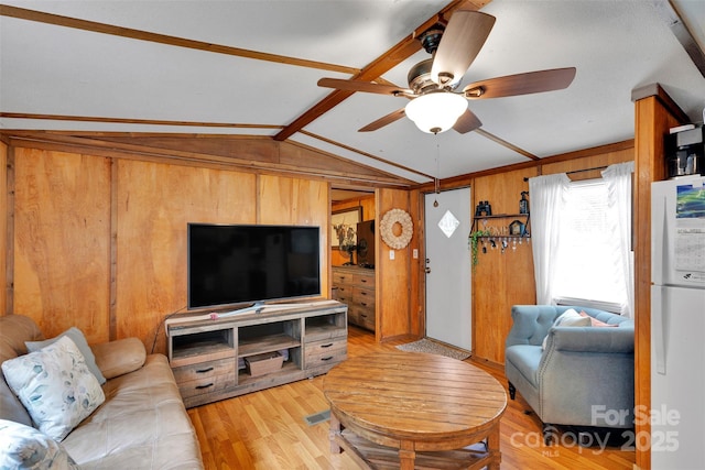 2289 Mccloud St, Denver, NC 28037 - living area featuring light wood-style flooring, ceiling fan, and wooden walls