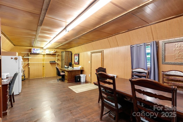 2289 Mccloud St, Denver, NC 28037 - dining room with wooden walls, a desk, wood finished floors, and wooden ceiling with exposed beams