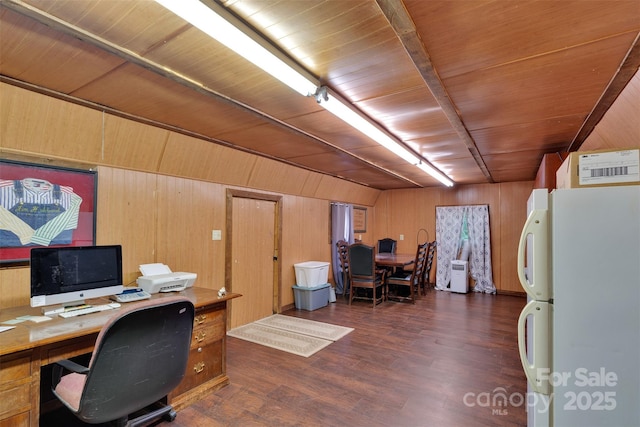 2289 Mccloud St, Denver, NC 28037 - office area with wood walls, dark wood-style floors, and wooden ceiling with exposed beams