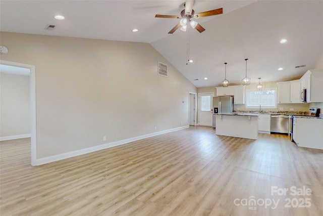 108 Devynne Ct, Salisbury, NC 28146 - unfurnished living room with ceiling fan, light wood-style floors, a sink, baseboards, and recessed lighting