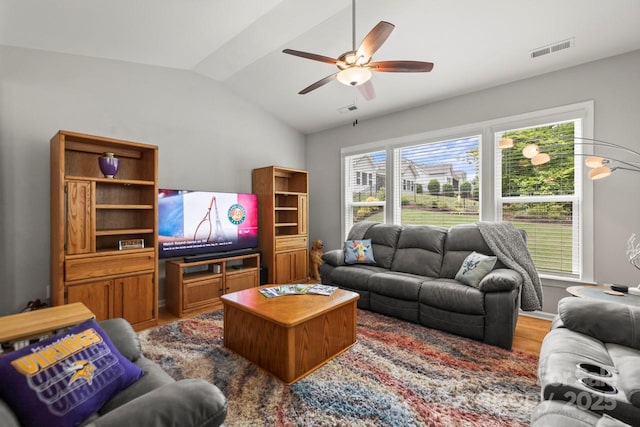 219 Broadleaf Dr, Denver, NC 28037 - living room with vaulted ceiling, ceiling fan, and wood finished floors