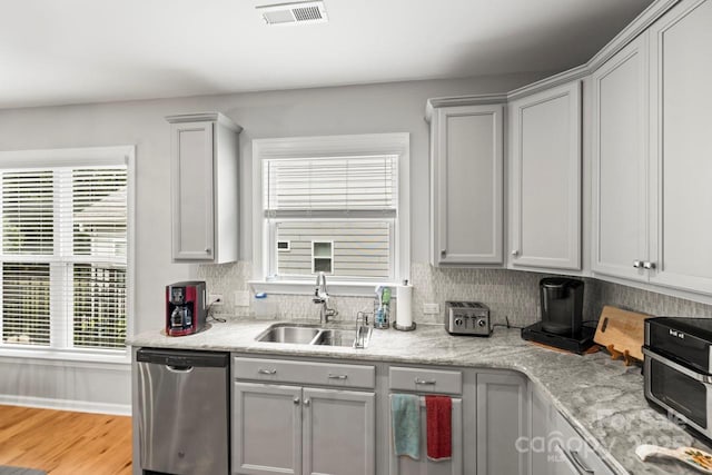219 Broadleaf Dr, Denver, NC 28037 - kitchen featuring stainless steel dishwasher, a sink, backsplash, and plenty of natural light