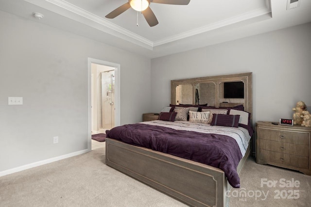 219 Broadleaf Dr, Denver, NC 28037 - carpeted bedroom with a tray ceiling, crown molding, baseboards, a ceiling fan, and connected bathroom