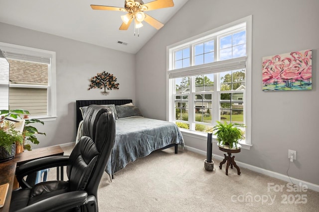 219 Broadleaf Dr, Denver, NC 28037 - carpeted bedroom with vaulted ceiling, baseboards, and ceiling fan