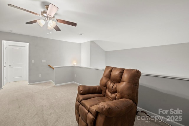 219 Broadleaf Dr, Denver, NC 28037 - living area with an upstairs landing, light colored carpet, ceiling fan, baseboards, and lofted ceiling