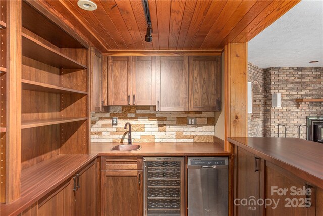 1227 Brush Creek Cir, Fairview, NC 28730 - bar with wine cooler, a sink, wooden ceiling, stainless steel dishwasher, and decorative backsplash