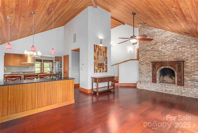 1227 Brush Creek Cir, Fairview, NC 28730 - kitchen featuring high vaulted ceiling, ceiling fan, wooden ceiling, dark countertops, and dark wood finished floors