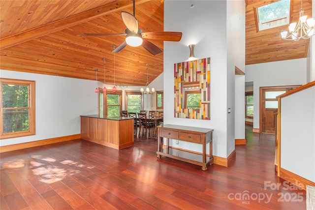 1227 Brush Creek Cir, Fairview, NC 28730 - living room featuring a chandelier, high vaulted ceiling, a wood ceiling with exposed beams, healthy amount of natural light, and dark wood-type flooring