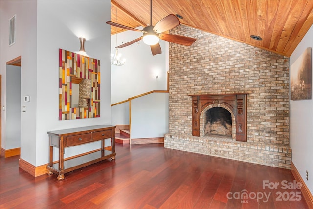 1227 Brush Creek Cir, Fairview, NC 28730 - living room with wood ceiling, ceiling fan, wood finished floors, high vaulted ceiling, and a brick fireplace