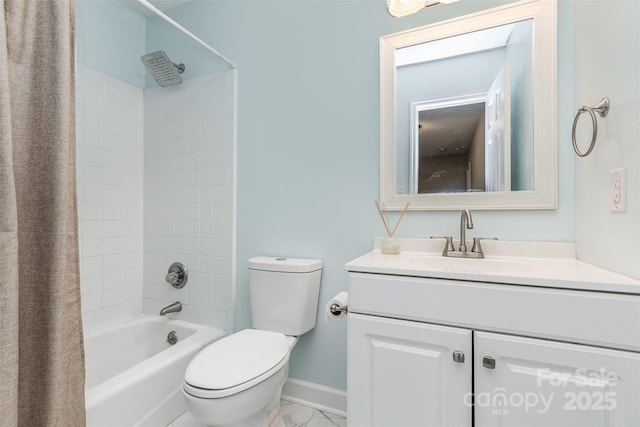 14027 Hackamore Dr, Matthews, NC 28105 - bathroom with vanity, shower / bath combination with curtain, and marble look tile flooring
